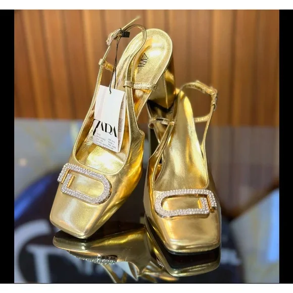 ZARA BLOGGER FAVE!!! Gold Square Toe Slingback Pumps ✨ Size 6.5 & 7.5 NWT - Picture 9 of 16